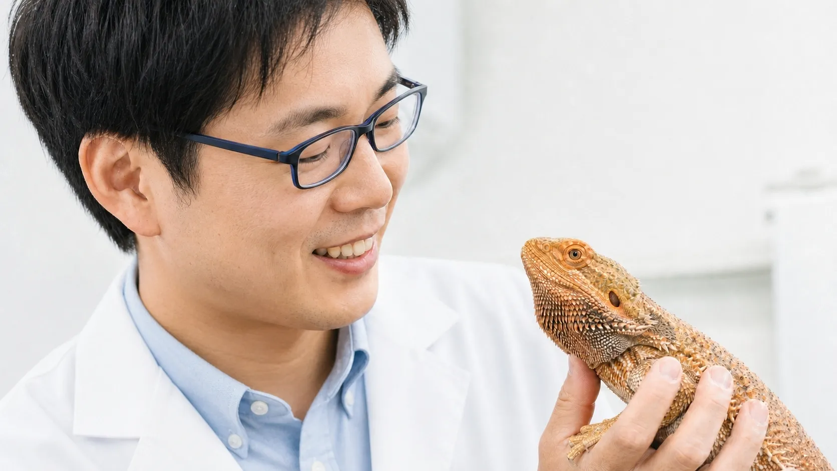 院長がフトアゴヒゲトカゲを診察している様子