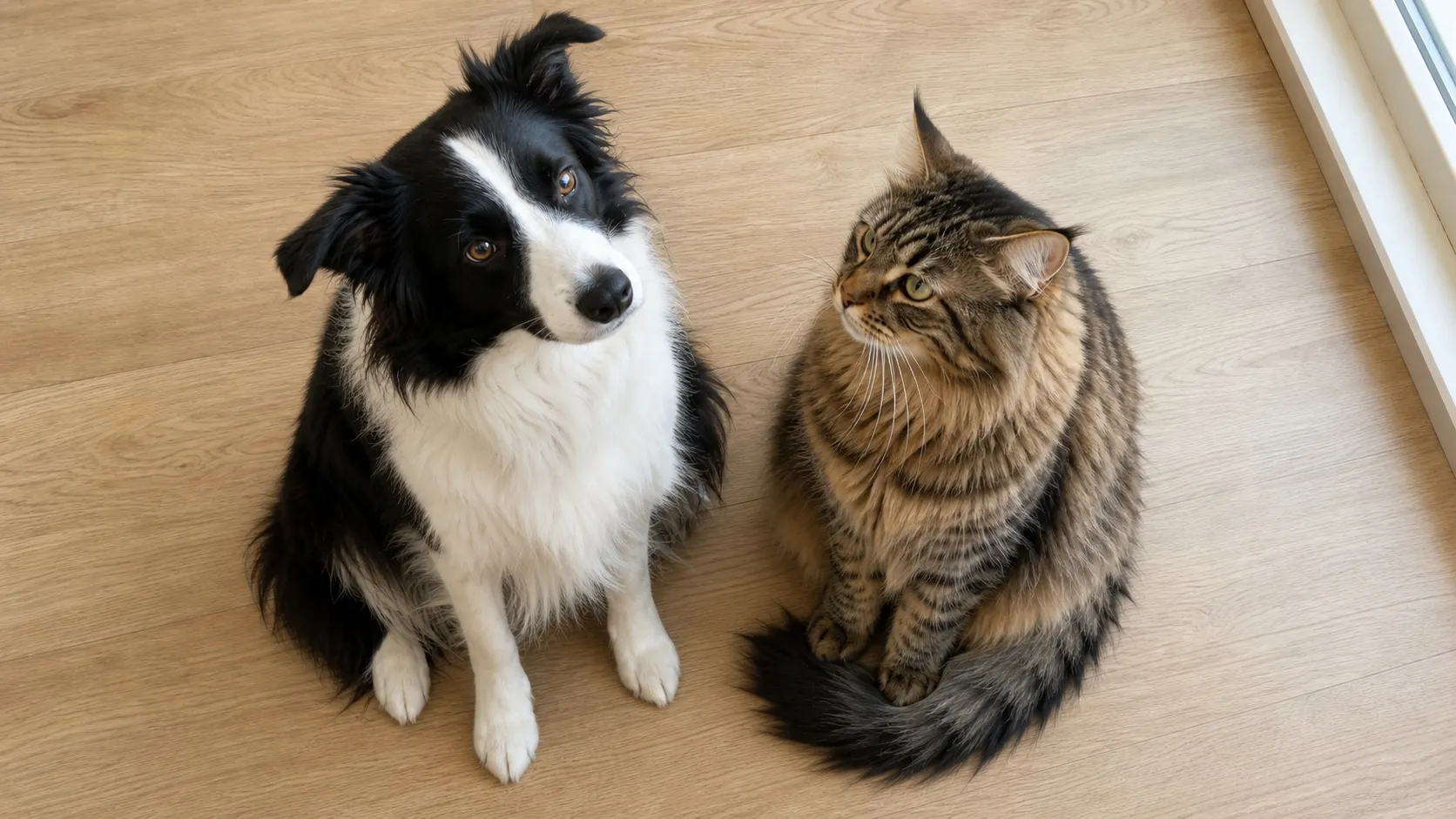 犬と猫が仲良く並んでいる様子